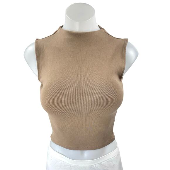 Zara Beige Tan Sleeveless Ribbed Knit Mock Neck Sweater Vest Crop Top Size S - Picture 1 of 3